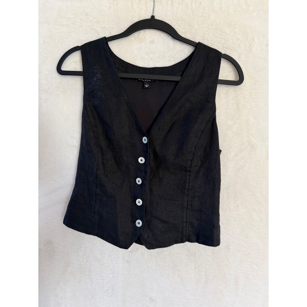 J.Crew Black Linen Vest Top Womens 6 Button Sleeveless Cinch Back Waistcoat Vest